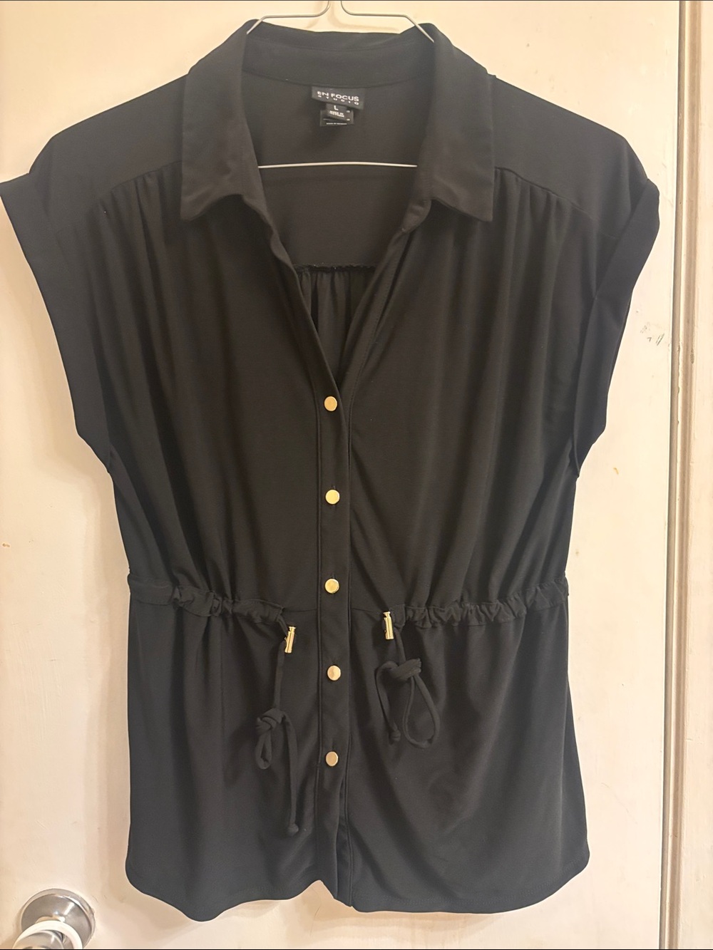 St. Tropez Black Button-Front Drawstring Waist Top with Gold Buttons